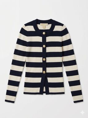New Michael Kors Navy and Cream Striped Button Cardigan